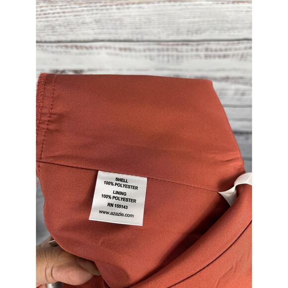 Azazie Dress Women's 4 Rust V Neck Satin Formal Bridesmaid Gown Open Back Slit - Picture 7 of 13